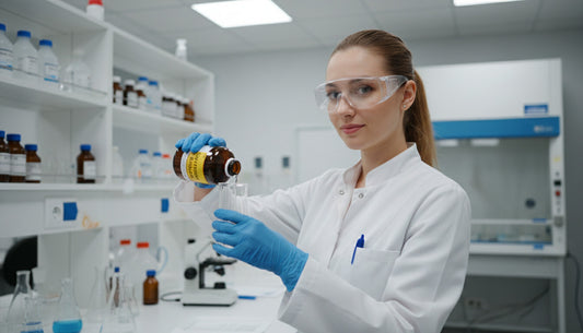 Laboratoriearbeider med vernebriller analyserer kjemiske prøver