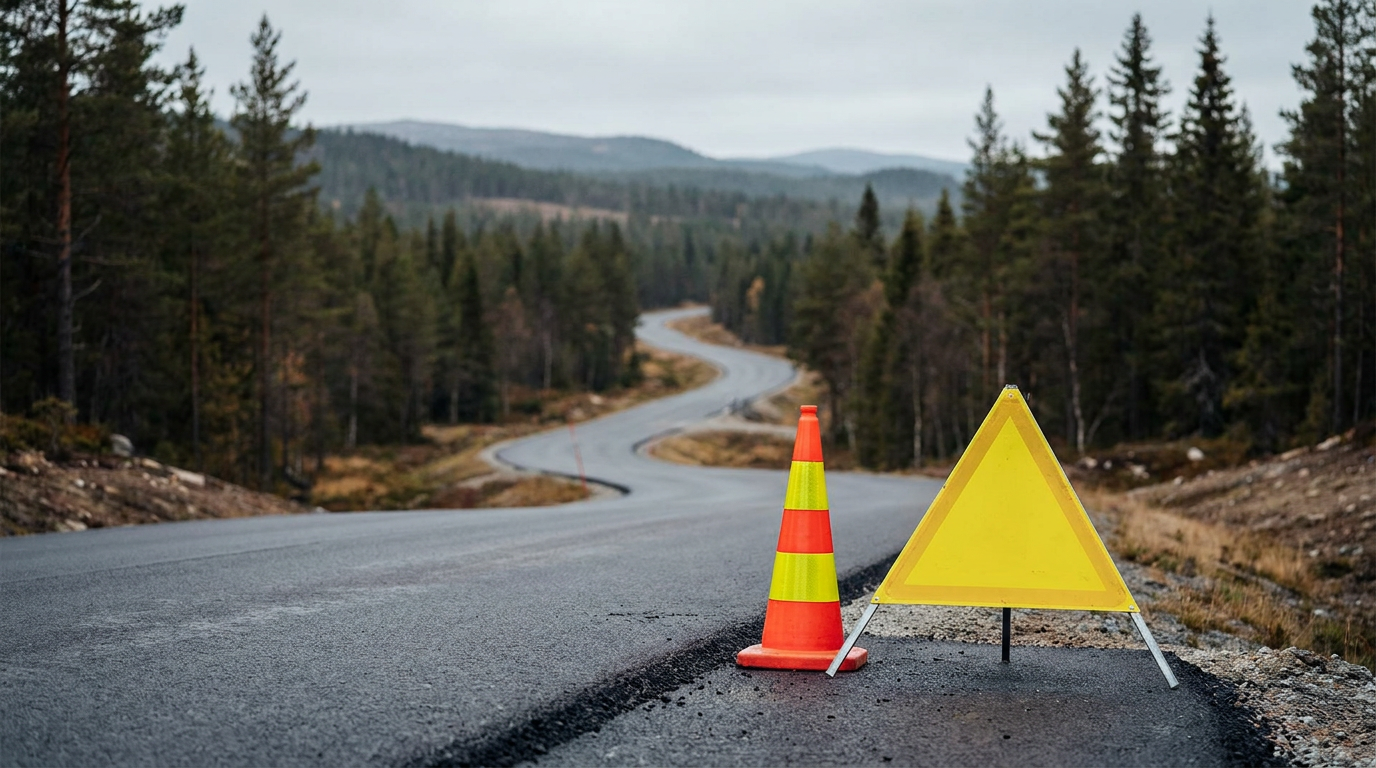 En varslingskjegle og et gult varselskilt på en nyasfaltert vei, som illustrerer temaet for arbeidsvarsling kurs.
