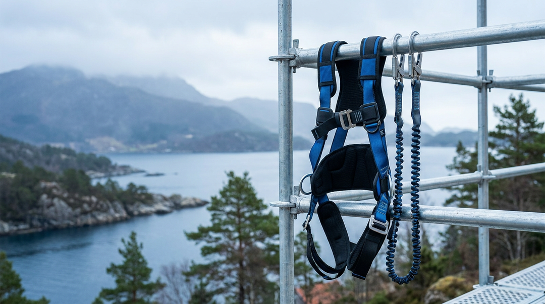 Fallsikringssele henger på et stillas på en norsk byggeplass.