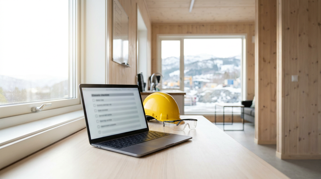 Laptop med sjekkliste for HMS, gul hjelm og vernebriller på et skrivebord i en brakkerigg.