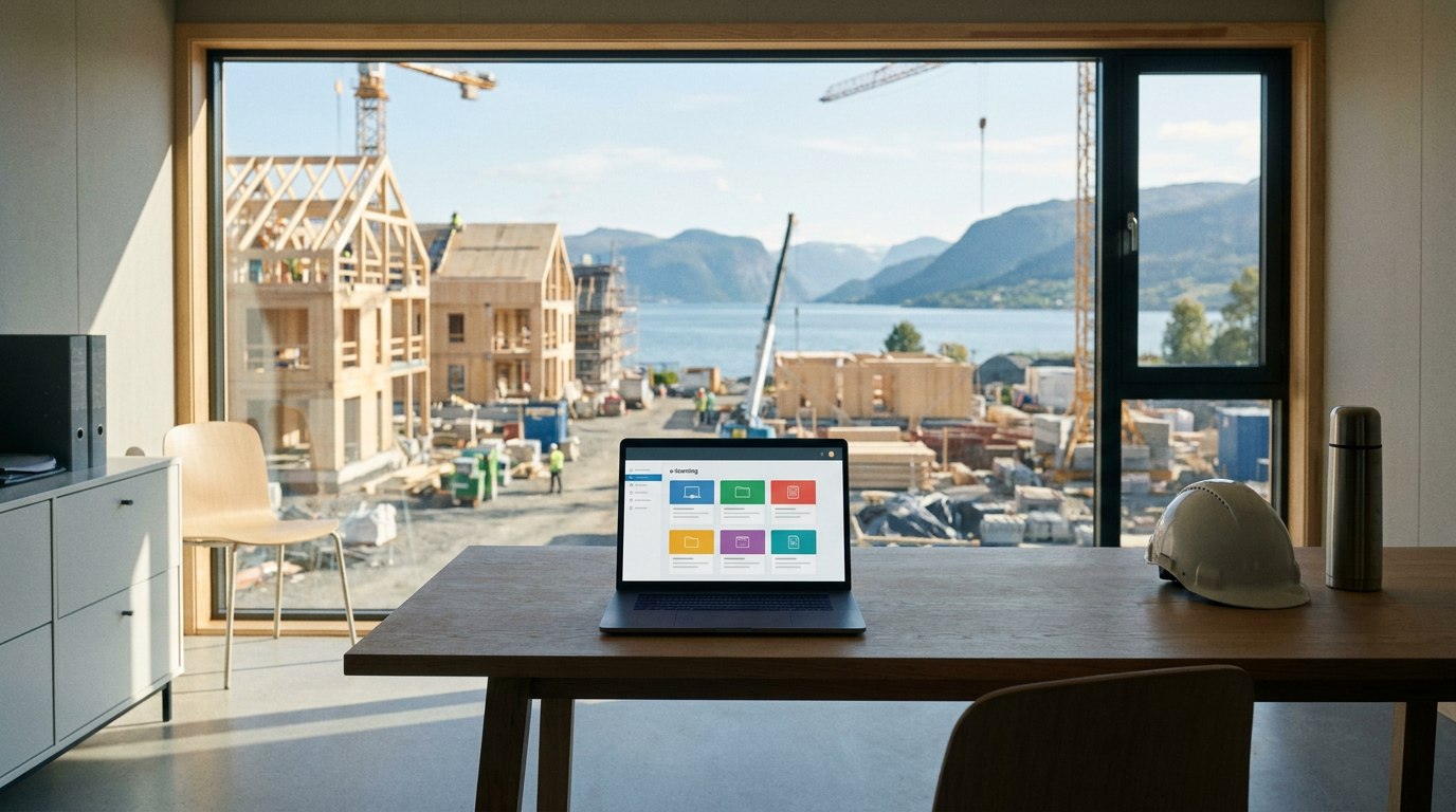 En åpen bærbar PC som viser et nettkurs i HMS på et kontorbord, med utsikt til en ryddig og sikker byggeplass i bakgrunnen.