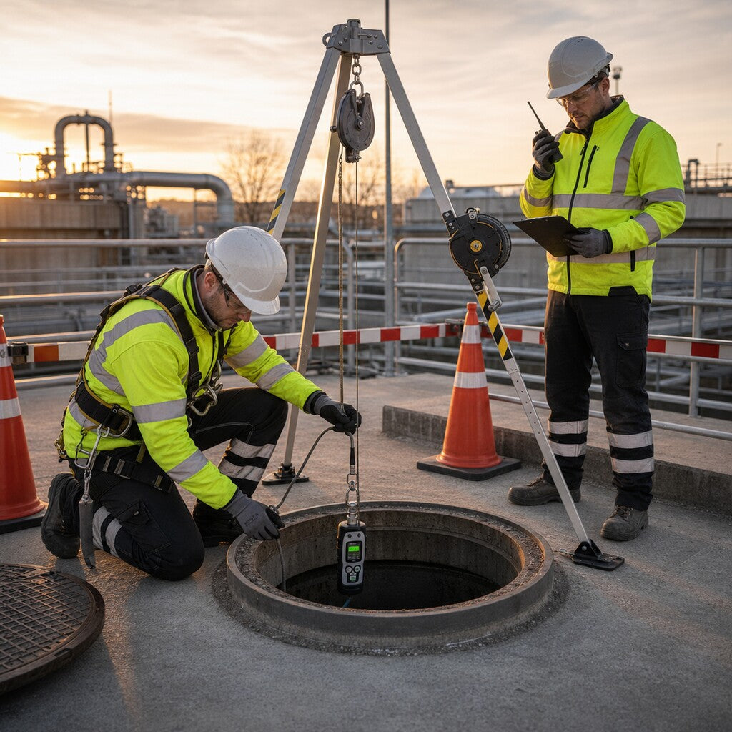 Arbeid i lukkede rom – gassmåling ved kum med redningsutstyr